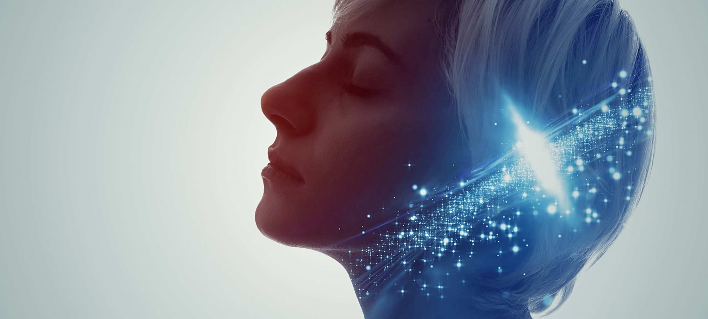 the face of a woman with short hair, closed eyes and blue light-large